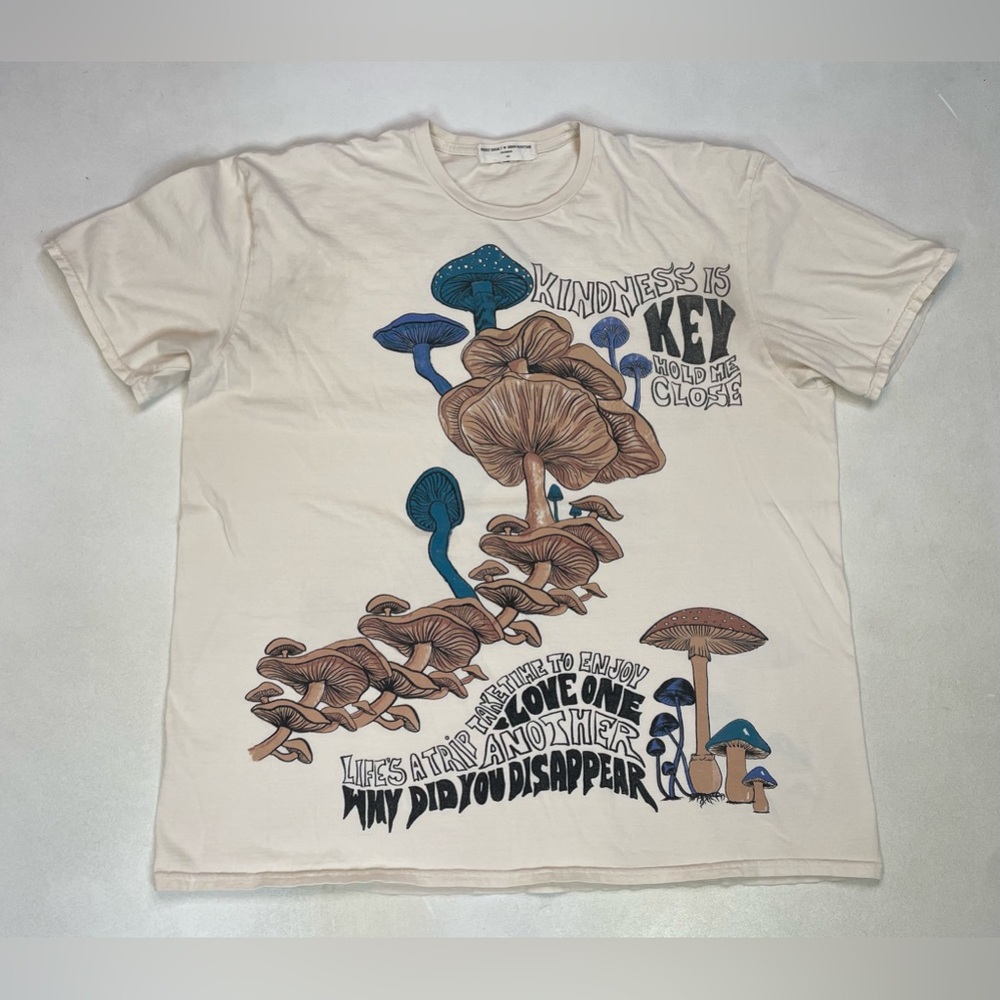 Urban Outfitters Cream Graphic Mushroom Tee with Blue & Brown Art